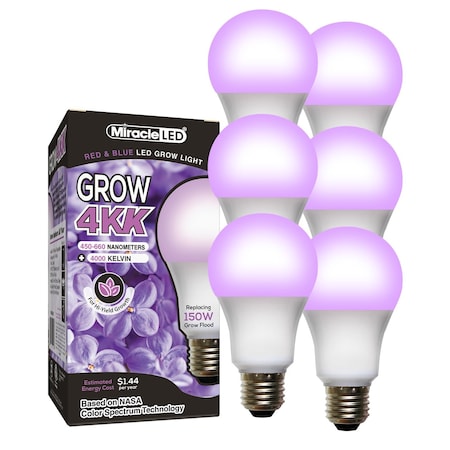 Miracle Led 4KK Pro-Pack Indoor Grow Light Bulb, 4000K Red/Blue Spec. Replace 150W Grow Bulbs, 6PK 801873